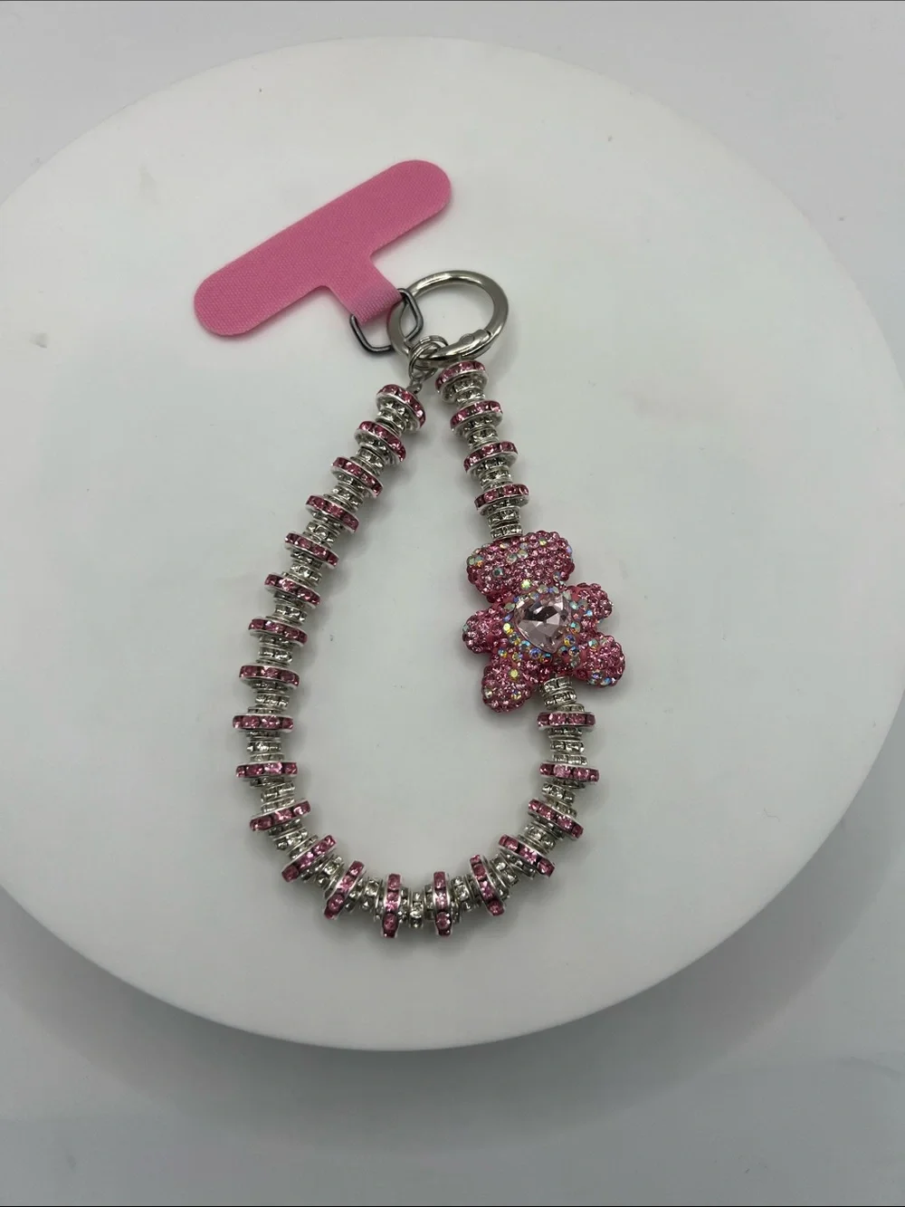 622. Pink Crystal Teddy Bear Phone Holder/Phone Chain.